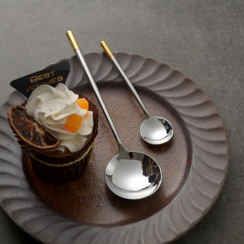Κορεάτικο στυλ στρογγυλής σούπας από ανοξείδωτο ατσάλι Κουτάλια για επιδόρπιο με ίσια μακριά λαβή Κουτάλια καφέ κατά του ζεματίσματος Εργαλείο κουζίνας πολλαπλών χρήσεων