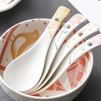 Творческа керамична лъжица за супа в японски стил, ръчно рисувана лъжица за домашен ресторант Ретро семпла декорация на сервизи за напитка Лъжица за супа