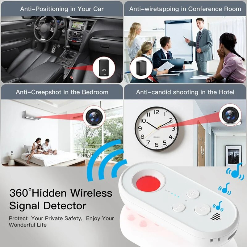 Biztonsági védelem Rejtett szállodai kamera detektor kémhibák elleni érzékelő GPS nyomkövetőhöz, rejtett kamera kereső