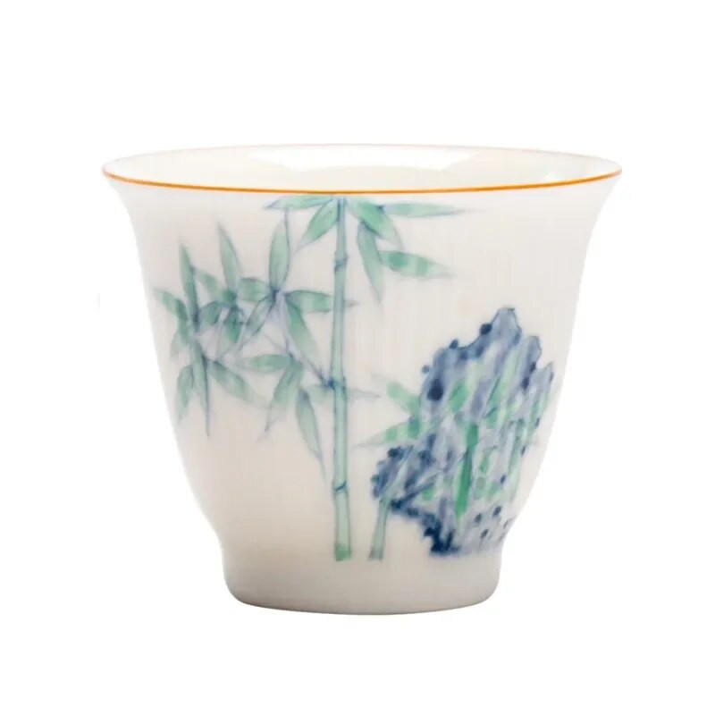 1 бр. Китайска ръчно изработена керамична чаша за чаша за медитация при пътуване Ръчно рисувани бамбукови листа, бяла порцеланова купа за чай Master Cup Чаен комплект