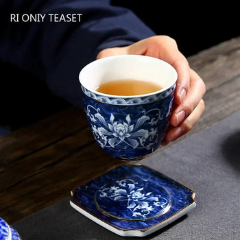 Бутикова синя и бяла порцеланова чаша за чай Ръчно рисувана керамична купа за чай Китайски ръчно изработен сервиз за чай Аксесоари Пътуващи майсторски чаши