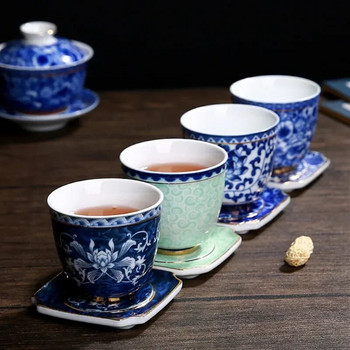 Бутикова синя и бяла порцеланова чаша за чай Ръчно рисувана керамична купа за чай Китайски ръчно изработен сервиз за чай Аксесоари Пътуващи майсторски чаши