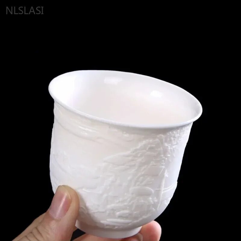 1Gb Dehua baltā porcelāna tējas krūze, ar rokām darināta reljefa pūķa raksta keramikas tējk. Pielāgoti tējas piederumi Mājas meistara krūze