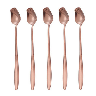 5 τμχ Τριαντάφυλλο Μακρύ κουταλάκι του γλυκού από ανοξείδωτο ατσάλι Κουτάλια καφέ Μικρό κουτάλι λουλουδιών για επιδόρπιο Τούρτα τσαγιού με σαλάτα μέλι Όμορφη διακόσμηση σπιτιού
