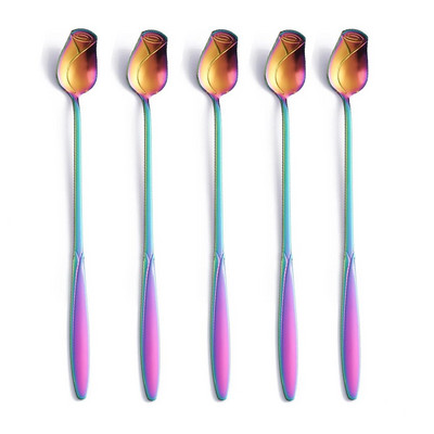 5 τμχ Τριαντάφυλλο Μακρύ κουταλάκι του γλυκού από ανοξείδωτο ατσάλι Κουτάλια καφέ Μικρό κουτάλι λουλουδιών για επιδόρπιο Τούρτα τσαγιού με σαλάτα μέλι Όμορφη διακόσμηση σπιτιού