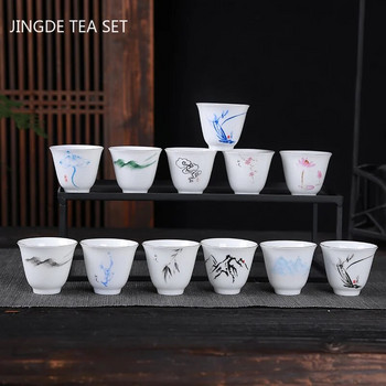 2 бр. Ръчно рисувана бяла порцеланова тънка гума Чаша за чай Jingdezhen Керамична чаша за чай Творчески чайни подаръци Домашни лични единични чаши