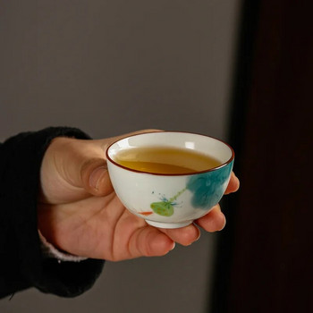 1 ΤΜ Κινέζικο Κεραμικό Φλυτζάνι Τσαγιού Master Χειροποίητο Μπολ Τσαγιού Ζωγραφισμένο στο χέρι Lotus Fish Tea Cup Σετ οικιακής χρήσης τσαγιού Ταξίδι 50ml