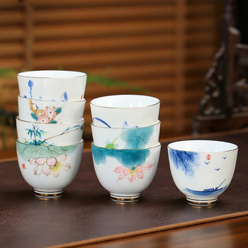 Китайска керамична чаша за чай, ръчно рисувана цветна шарка Бутикова купа за чай Медитация Чаша за чай Домакински порцеланов сервиз за чай Аксесоари