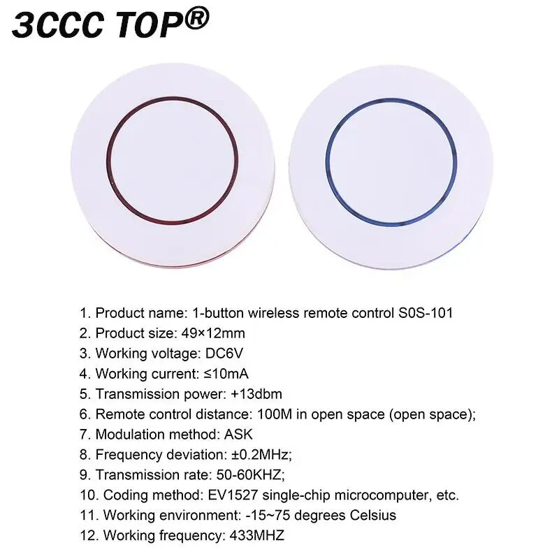 Ασύρματο τηλεχειριστήριο DC6V 433Mhz 1 Κουμπί Στρογγυλό Τηλεχειριστήριο SOS 101 Διακόπτης Μη διστάσετε να επικολλήσετε EV1527 Chip Learning Type