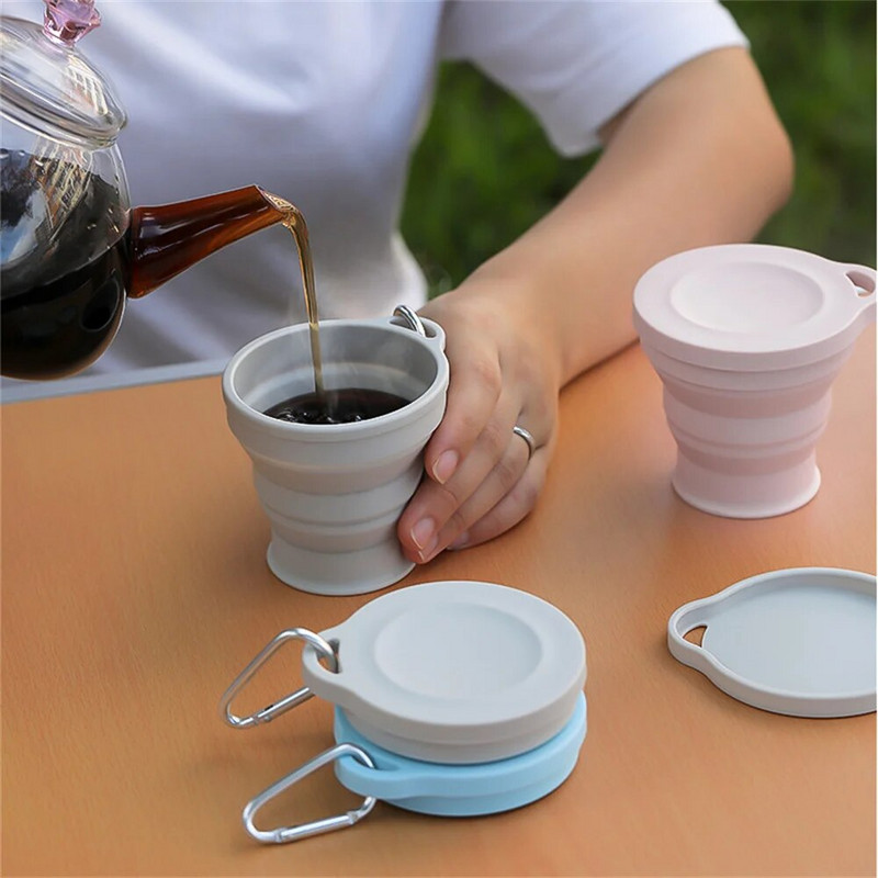 Ceașă pliabilă de 150 ml, mini ceașcă retractabilă din silicon, ceașcă de ceai portabilă cu capac, ceașcă telescopică de cafea pentru călătorie în aer liber