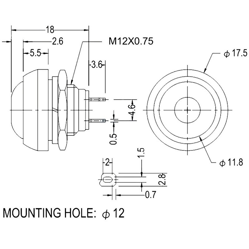 5 gab. 2 kontaktu mini slēdzis 12 Mm 1 A ūdensnecaurlaidīgs slēdzis Pbs33B 12 V īslaicīgs spiedpogas slēdzis Atiestatīšana, nebloķējošs Pbs-33B