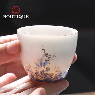 70 ml Благоприятна вълна Guanhai Ceramics Чаша за чай Очертание в златисто бял порцелан Домакински сервиз за чай Kung Fu Tea Ceremony Drinkware