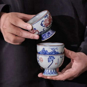 Винтидж стара керамична глинена чаша за чай, синя и бяла порцеланова напукана чаша за чай, китайски кунг-фу прибори за чай, керамична чаша за вино Samll 110 ml