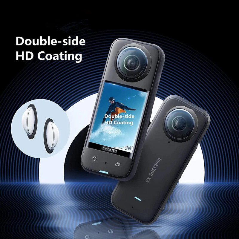 2 vnt., apsaugantis nuo įbrėžimų, skirtas Insta360 X3 lipnioms lęšių apsaugoms, dvigubam objektyvui 360 modifikacijai skirtas Insta 360 X3 apsauginis objektyvo dangtelis, fotoaparato priedai