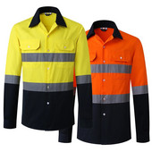 AS/NZS Australian Miner Hi Vis Button Munkaing Férfi Fényvisszaverő sárga és sötétkék kéttónusú biztonsági pamut ing