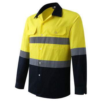 AS/NZS Australian Miner Hi Vis работна риза с копчета за мъже Светлоотразителна жълта и тъмносиня двуцветна защитна памучна риза