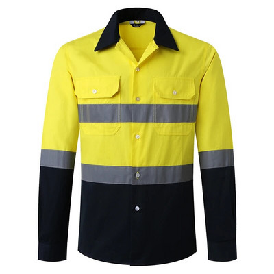 AS/NZS Australian Miner Hi Vis Button Munkaing Férfi Fényvisszaverő sárga és sötétkék kéttónusú biztonsági pamut ing