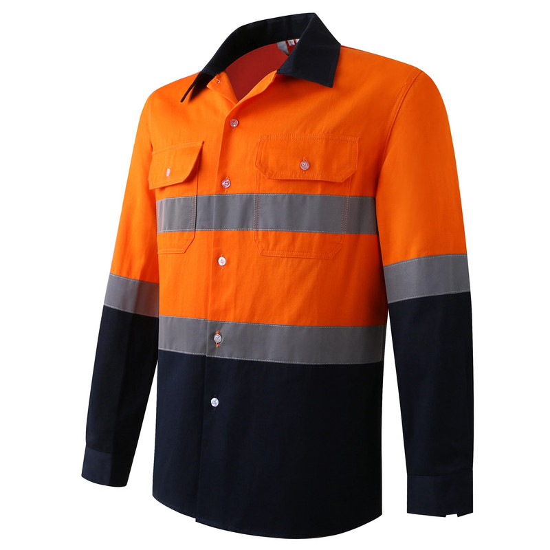 AS/NZS Australian Miner Hi Vis Button Munkaing Férfi Fényvisszaverő sárga és sötétkék kéttónusú biztonsági pamut ing