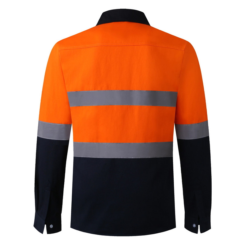 AS/NZS Australian Miner Hi Vis Button Munkaing Férfi Fényvisszaverő sárga és sötétkék kéttónusú biztonsági pamut ing
