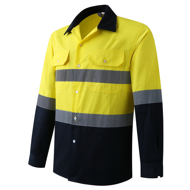 AS/NZS Australian Miner Hi Vis Button Munkaing Férfi Fényvisszaverő sárga és sötétkék kéttónusú biztonsági pamut ing