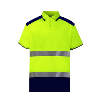 Двуцветна защитна поло риза с къс ръкав, светлоотразителна риза с висока видимост и джобове, работна риза с висока видимост