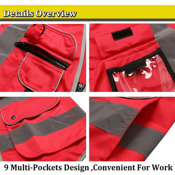 Γιλέκο ασφαλείας υψηλής ορατότητας 9 τσέπες αντανακλαστικό με τσέπες και φερμουάρ Κόκκινο γιλέκο εργασίας για άνδρες και γυναίκες