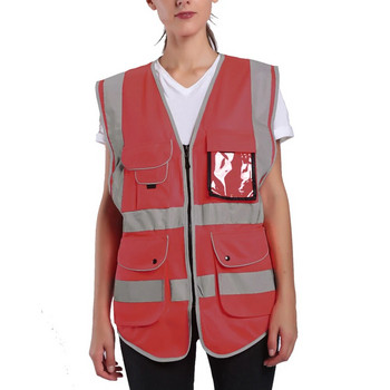 Защитна жилетка с 9 джоба с висока видимост, светлоотразителна с джобове и цип, червена работна жилетка за мъже и жени