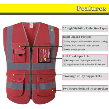 Γιλέκο ασφαλείας υψηλής ορατότητας 9 τσέπες αντανακλαστικό με τσέπες και φερμουάρ Κόκκινο γιλέκο εργασίας για άνδρες και γυναίκες