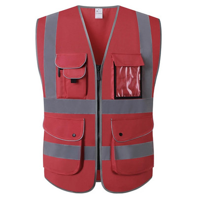 Защитна жилетка с 9 джоба с висока видимост, светлоотразителна с джобове и цип, червена работна жилетка за мъже и жени