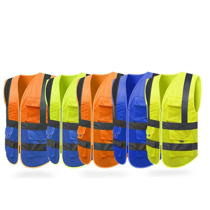 Jól látható kék biztonsági mellény zsebek Hálós fényvisszaverő mellények fényvisszaverő csíkokkal Ingyenes szállítás