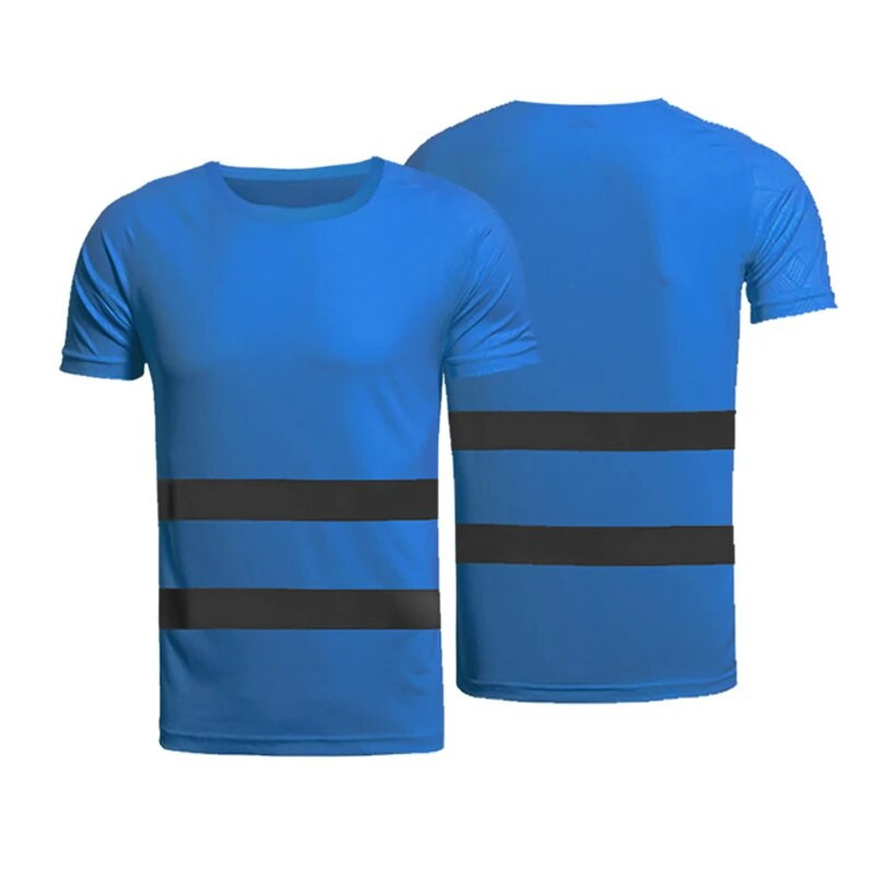 Gerai matomi saugos darbo marškinėliai Kvėpuojantys darbo marškinėliai Šviesą atspindintys marškinėliai Vyriški moteriški darbo drabužiai su šviesą atspindinčiomis juostelėmis Mėlyna
