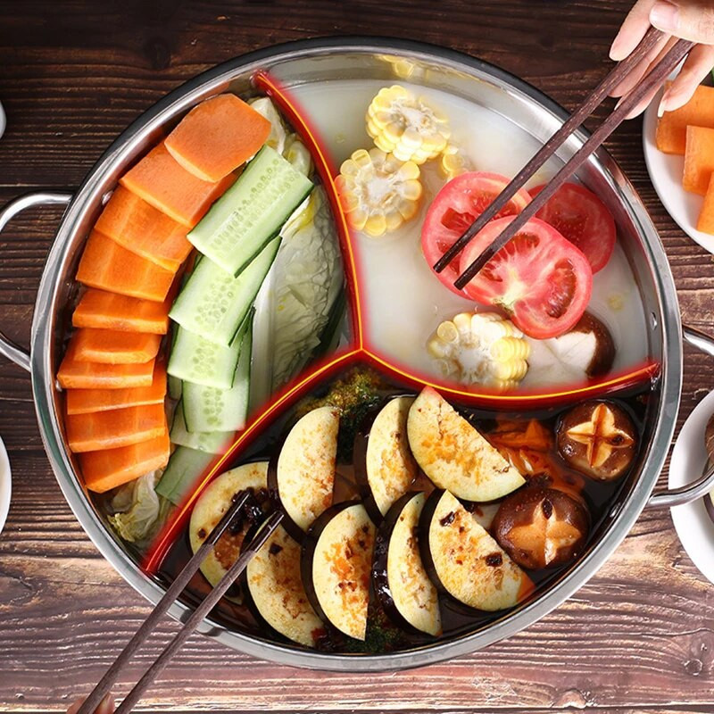 „Hot Hot Shabu“ skirstytuvas nerūdijančio plieno trinties indas Maisto 3 klasės padalintas plotas, platus pritaikymas virtuvės reikmenys, kiniškas skirstytuvas