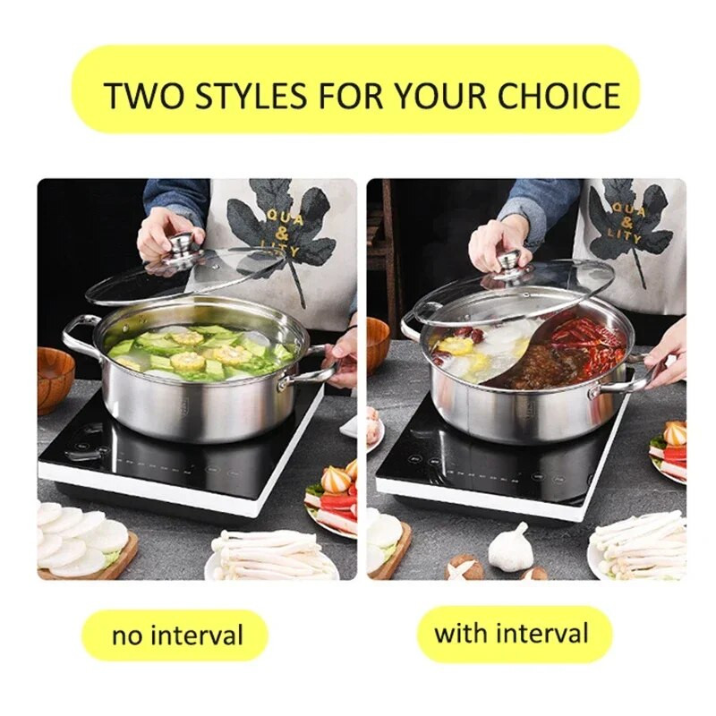 Forró edény fedővel 304 rozsdamentes acél vastag főzőedények konyhai indukciós tűzhelyhez üveg fedéllel Kínai fondü edények