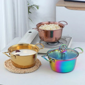 Virtuvė 18 cm Dvigubos rankenos nerūdijančio plieno puodai grūdinto stiklo dangteliu košės Ramen virimo indai, tinkami visoms viryklėms