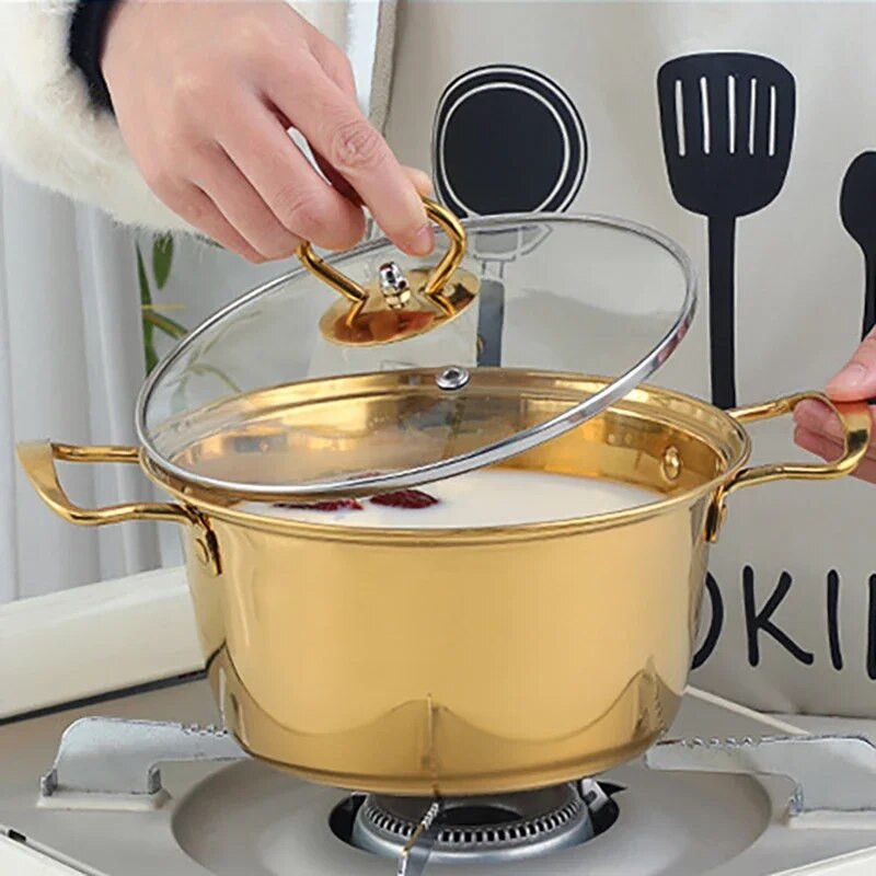 Virtuvė 18 cm Dvigubos rankenos nerūdijančio plieno puodai grūdinto stiklo dangteliu košės Ramen virimo indai, tinkami visoms viryklėms