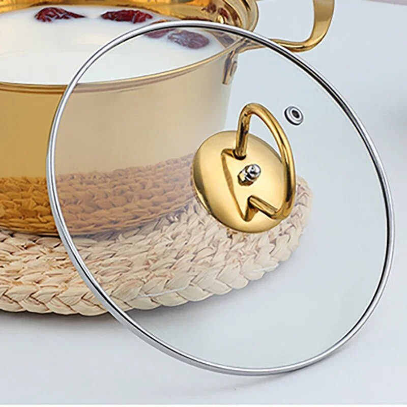 Virtuvė 18 cm Dvigubos rankenos nerūdijančio plieno puodai grūdinto stiklo dangteliu košės Ramen virimo indai, tinkami visoms viryklėms