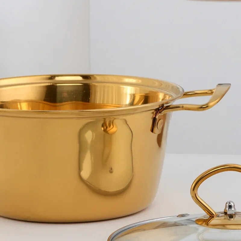 Virtuvė 18 cm Dvigubos rankenos nerūdijančio plieno puodai grūdinto stiklo dangteliu košės Ramen virimo indai, tinkami visoms viryklėms