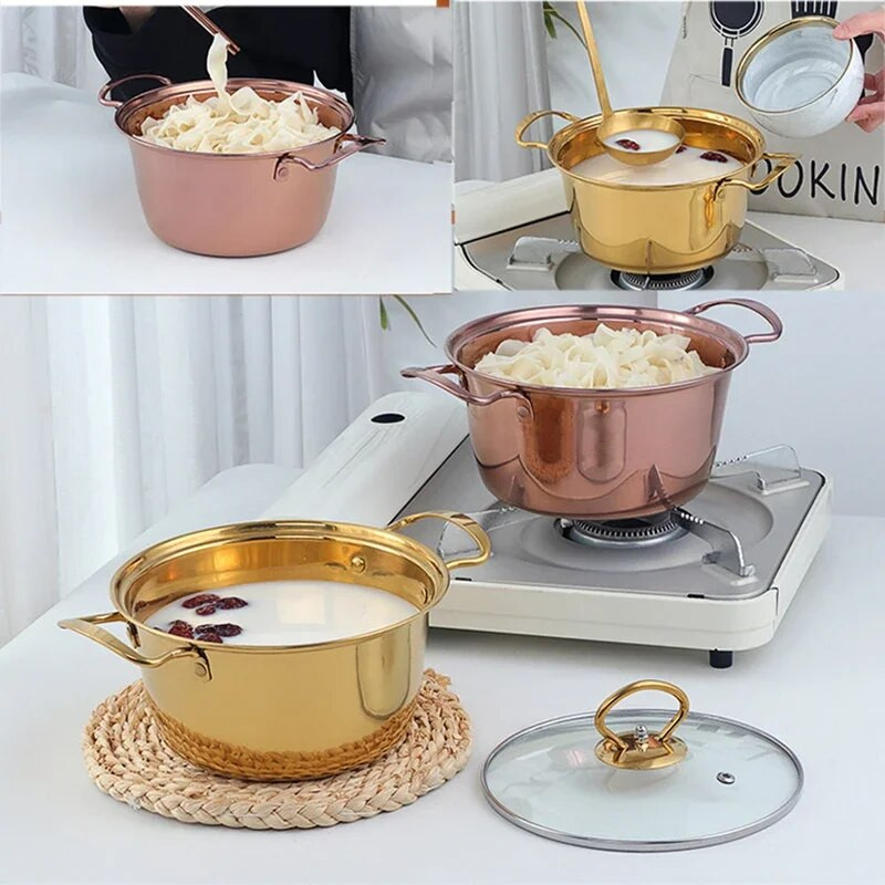 Virtuvė 18 cm Dvigubos rankenos nerūdijančio plieno puodai grūdinto stiklo dangteliu košės Ramen virimo indai, tinkami visoms viryklėms