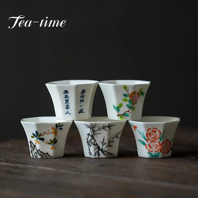 30ml Boutique Pure ζωγραφισμένη στο χέρι Flower Art Κεραμικό φλιτζάνι τσαγιού Οκτάγωνο μονό φλιτζάνι Σετ τσαγιού οικιακού Kung Fu Tea-tasting Master Cup