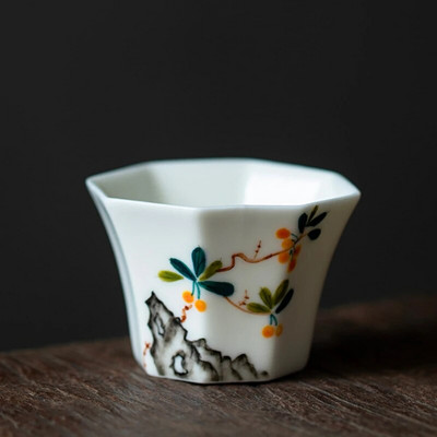 30 ml-es Boutique Pure kézzel festett virágművészet kerámia teáscsésze Nyolcszögletű egypohár Háztartási Kung Fu teáskészlet Teakóstoló mesterpohár