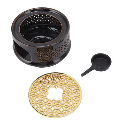 Keraminis arbatinuko šildytuvo pagrindas su šaukštu, dangteliu ir žvakių laikikliu