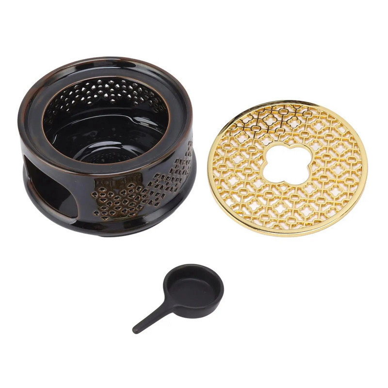 Keraminis arbatinuko šildytuvo pagrindas su šaukštu, dangteliu ir žvakių laikikliu