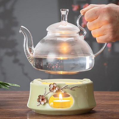 Творческа печка за чай Керамична сребърна декорация на цветя от слива Топли принадлежности за чай Аксесоари Основа за чайник Свещ Нагревател Домашна нощна лампа Подарък