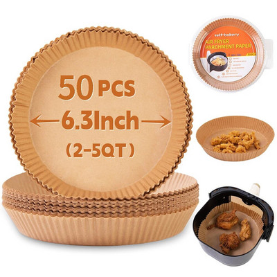 50 vnt. oro gruzdintuvų popieriaus įdėklų lakštai, 6,3 colio nepridegantys oro gruzdintuvų įdėklai vienkartiniai, pergamentinis popierius mikrobangų skrudintuvui