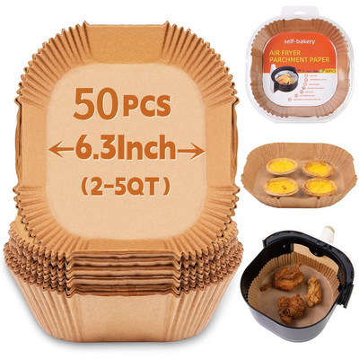 50 vnt. oro gruzdintuvų popieriaus įdėklų lakštai, 6,3 colio nepridegantys oro gruzdintuvų įdėklai vienkartiniai, pergamentinis popierius mikrobangų skrudintuvui