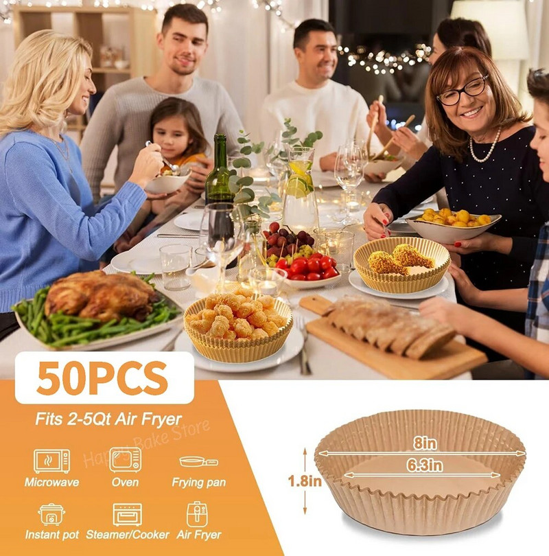 50 vnt. oro gruzdintuvų popieriaus įdėklų lakštai, 6,3 colio nepridegantys oro gruzdintuvų įdėklai vienkartiniai, pergamentinis popierius mikrobangų skrudintuvui