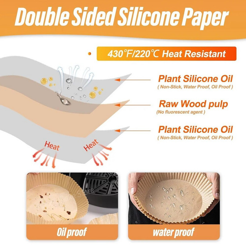 50 vnt. oro gruzdintuvų popieriaus įdėklų lakštai, 6,3 colio nepridegantys oro gruzdintuvų įdėklai vienkartiniai, pergamentinis popierius mikrobangų skrudintuvui