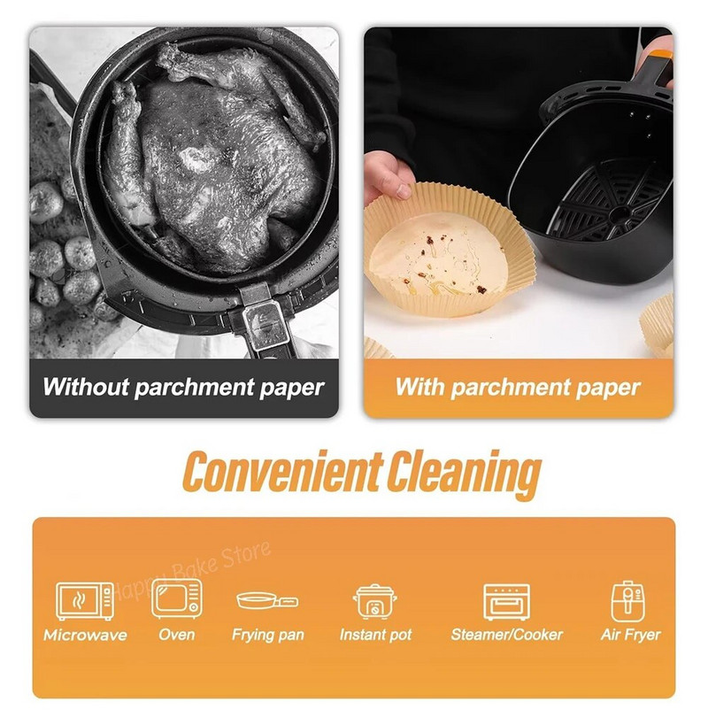 50 vnt. oro gruzdintuvų popieriaus įdėklų lakštai, 6,3 colio nepridegantys oro gruzdintuvų įdėklai vienkartiniai, pergamentinis popierius mikrobangų skrudintuvui