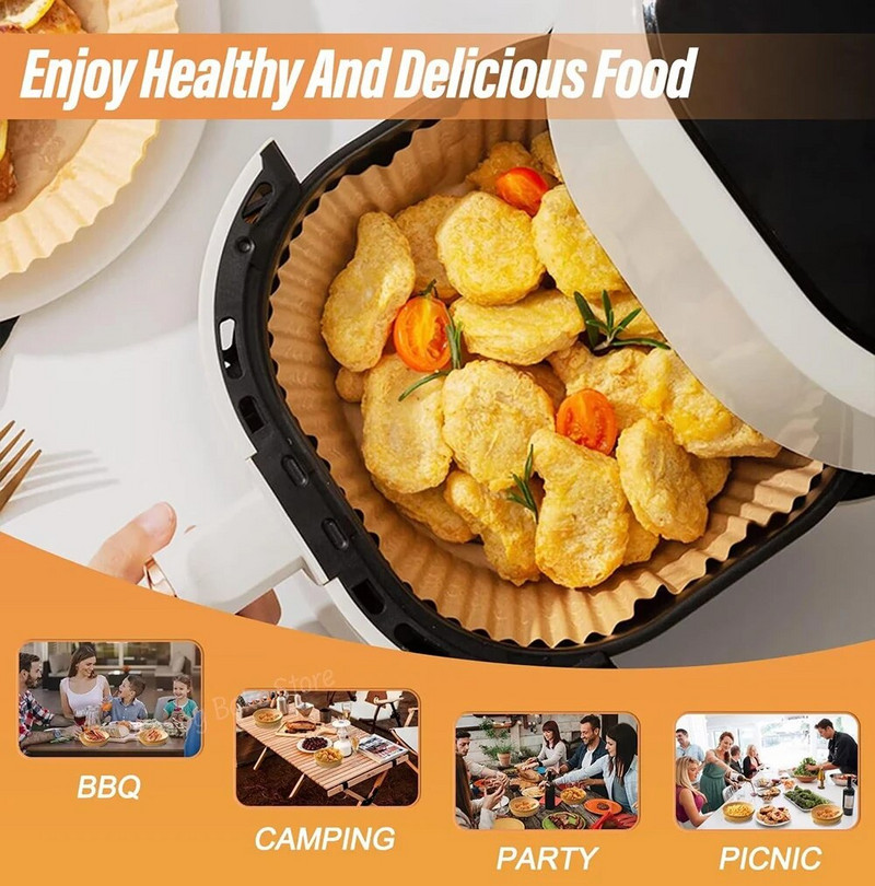 50 vnt. oro gruzdintuvų popieriaus įdėklų lakštai, 6,3 colio nepridegantys oro gruzdintuvų įdėklai vienkartiniai, pergamentinis popierius mikrobangų skrudintuvui