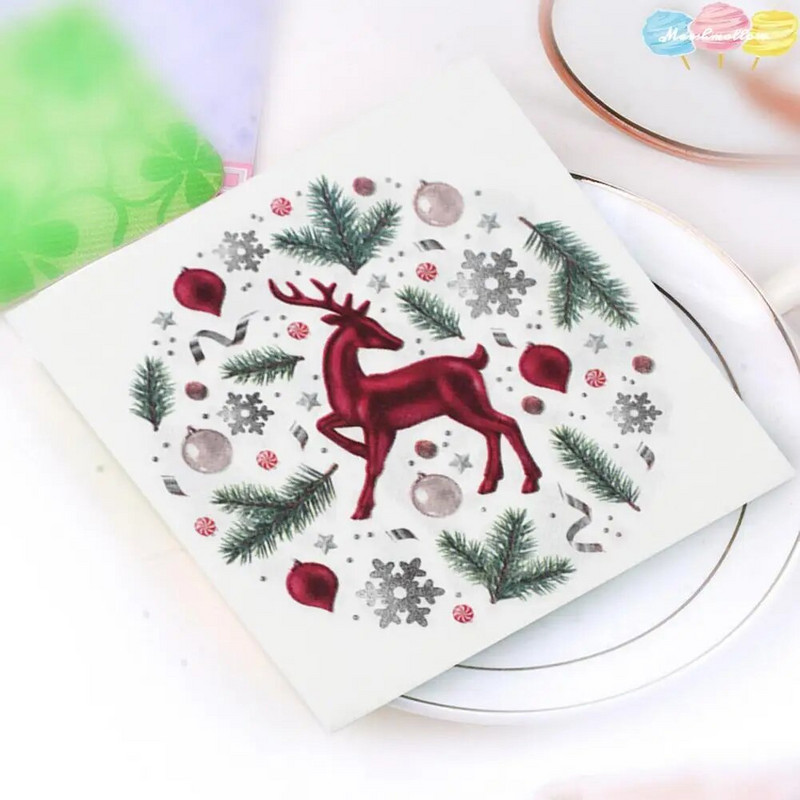 Jednokratne salvete od 40 kom/vreći, četvrtaste, mekane, upijajuće vode, božićne papirnate salvete za večeru s otisnutim božićnim sobovima